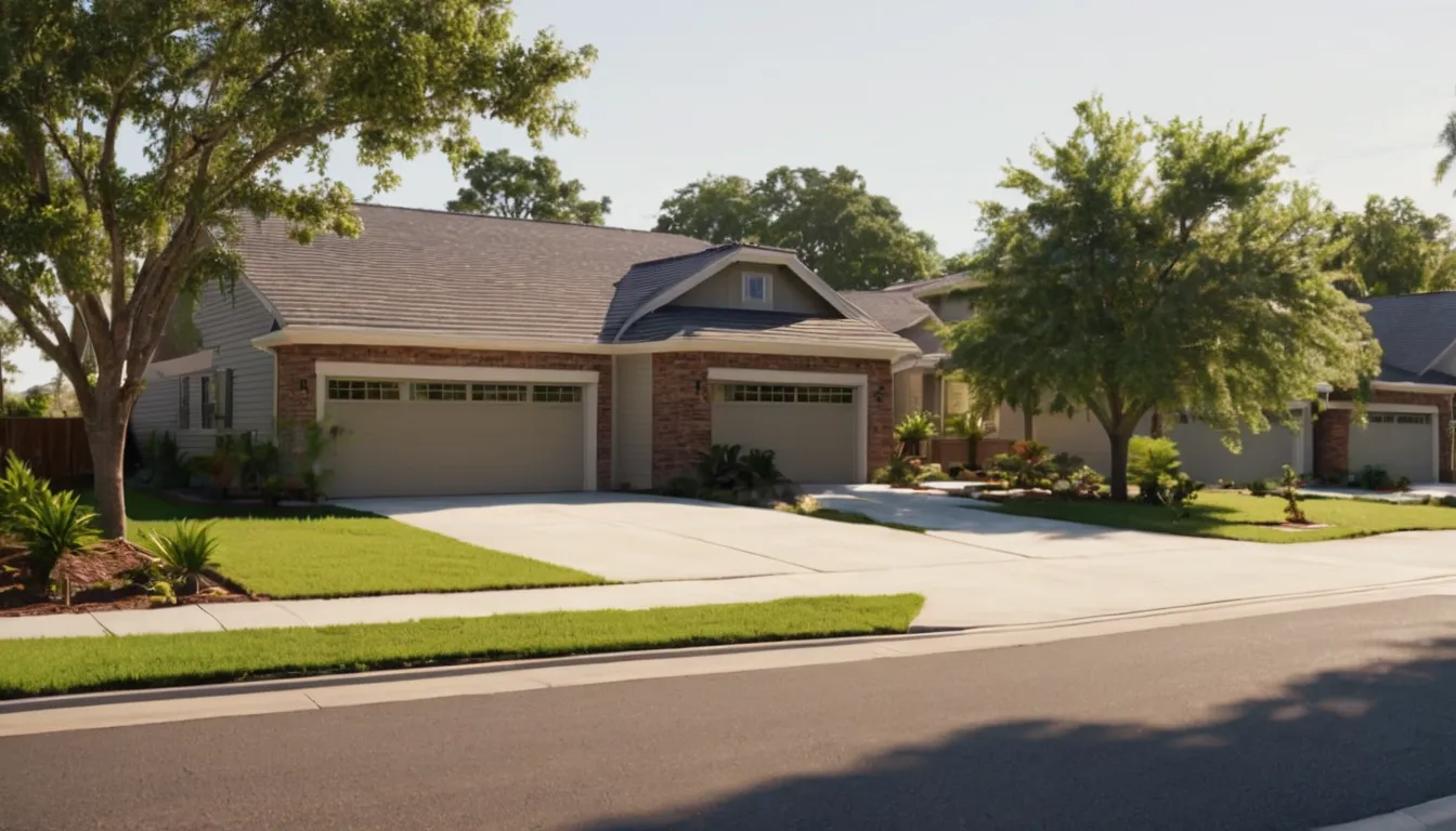 A neighborhood in the Hunters Creek Village area with garage doors on vinyl and brick homes